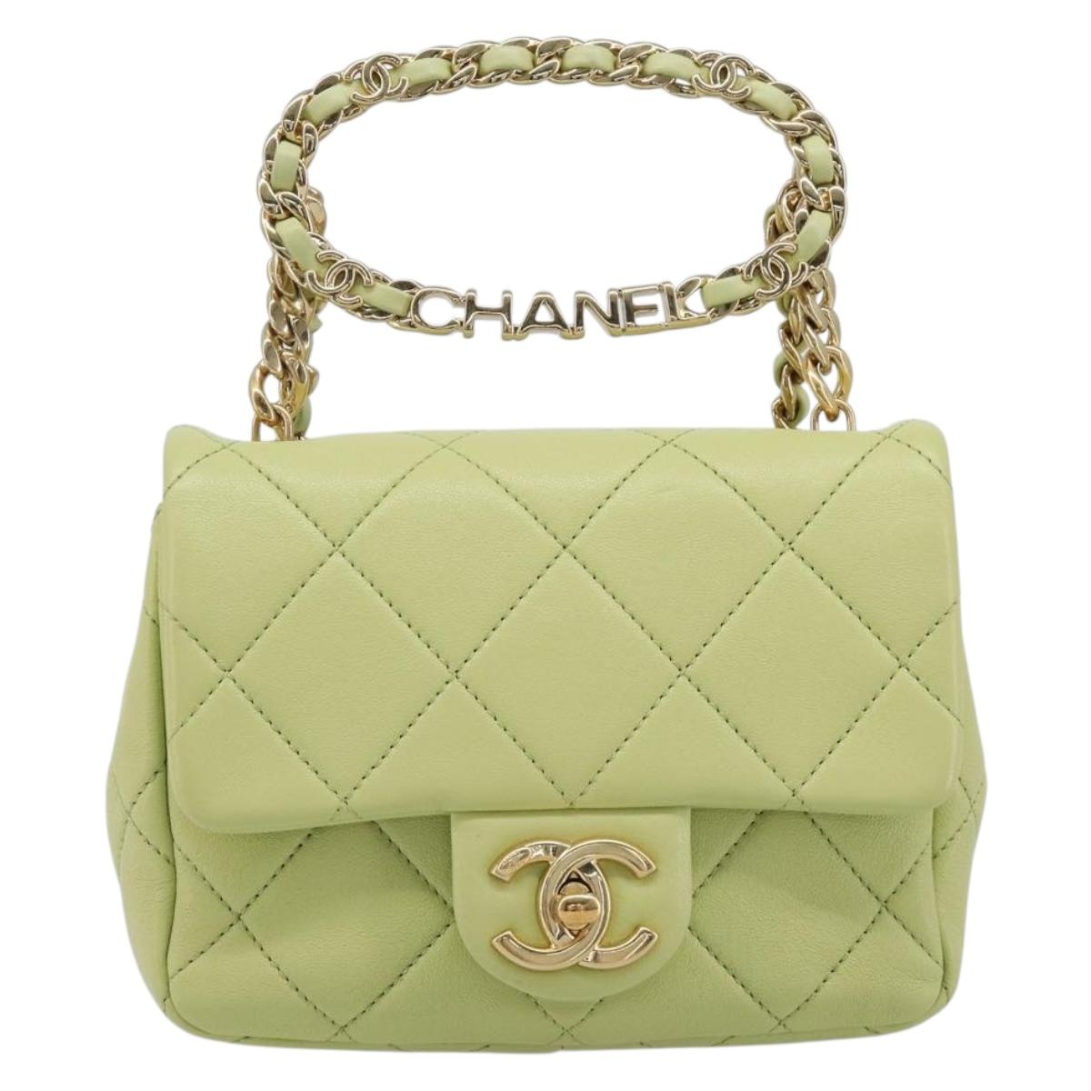 CHANEL Matelasse Chain Shoulder Bag Lamb Skin 2way Green Gold CC Auth 209576SM