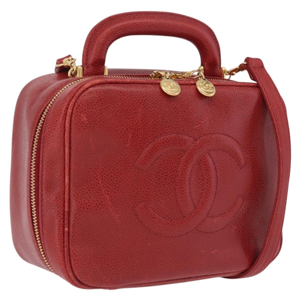 CHANEL Vanity Hand Bag Caviar Skin 2way Red Gold Tone CC Auth 209581