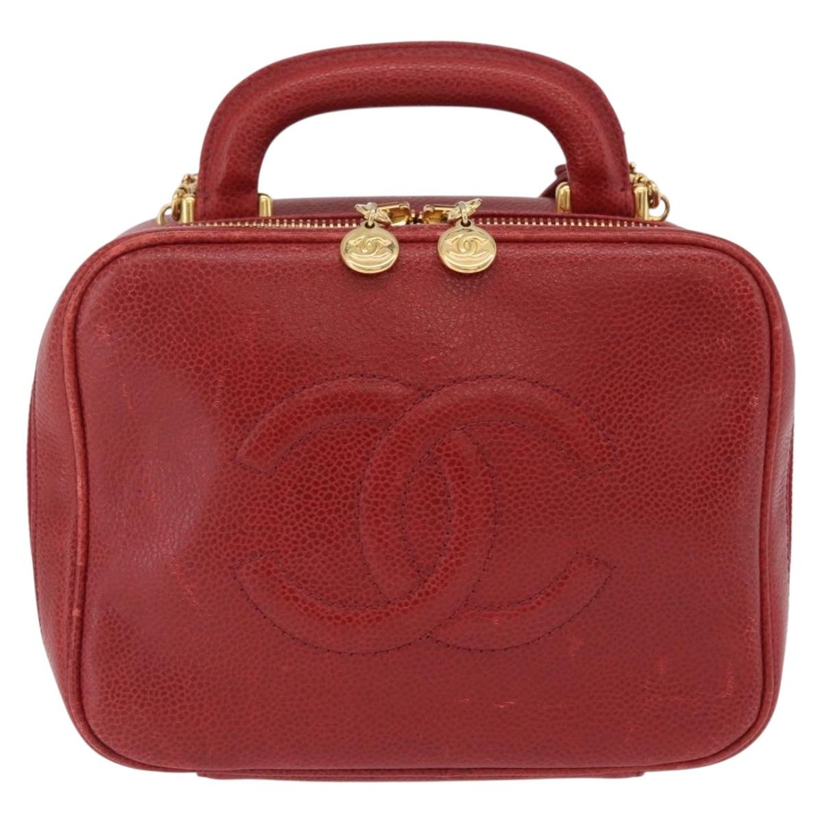 CHANEL Vanity Hand Bag Caviar Skin 2way Red Gold Tone CC Auth 209581