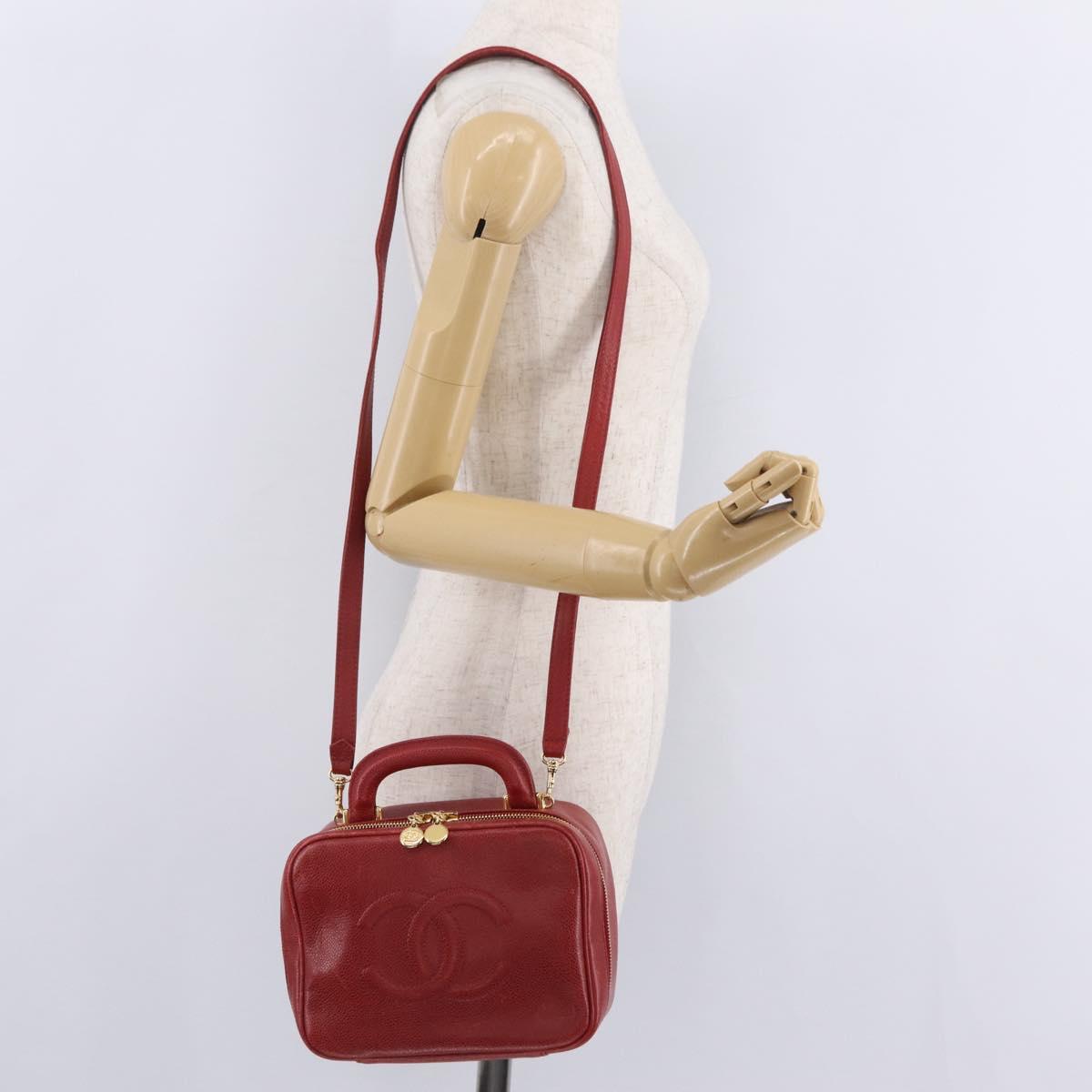 CHANEL Vanity Hand Bag Caviar Skin 2way Red Gold Tone CC Auth 209581