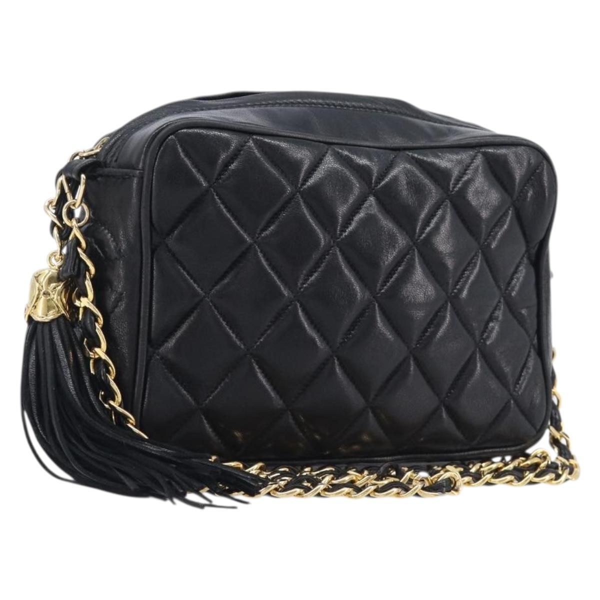 CHANEL Matelasse Chain Shoulder Bag Lamb Skin Black Gold Tone CC Auth 209586A