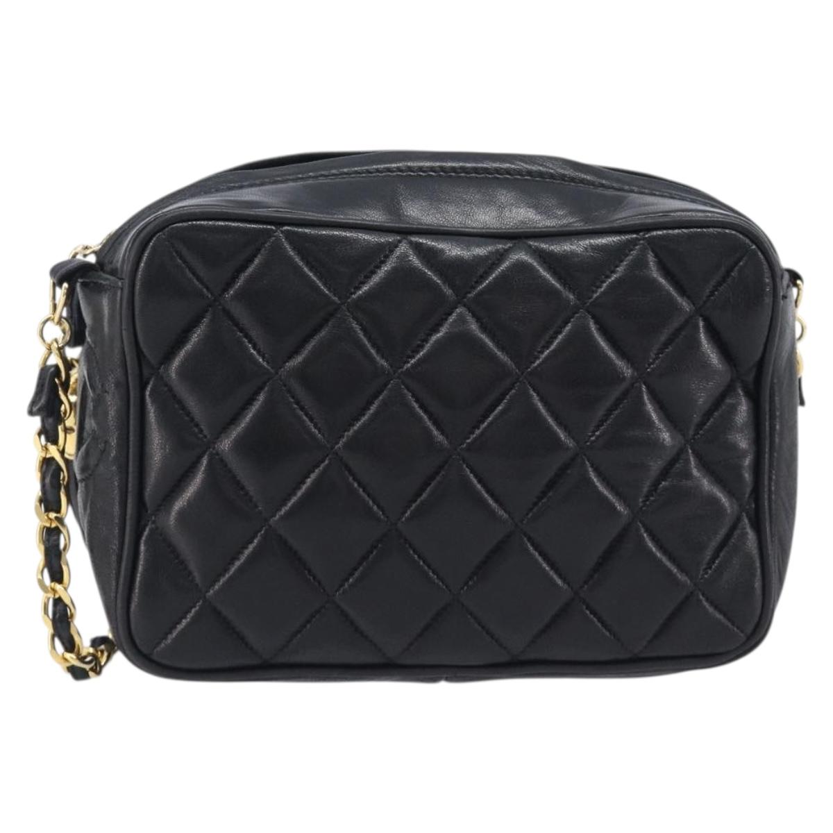 CHANEL Matelasse Chain Shoulder Bag Lamb Skin Black Gold Tone CC Auth 209586A