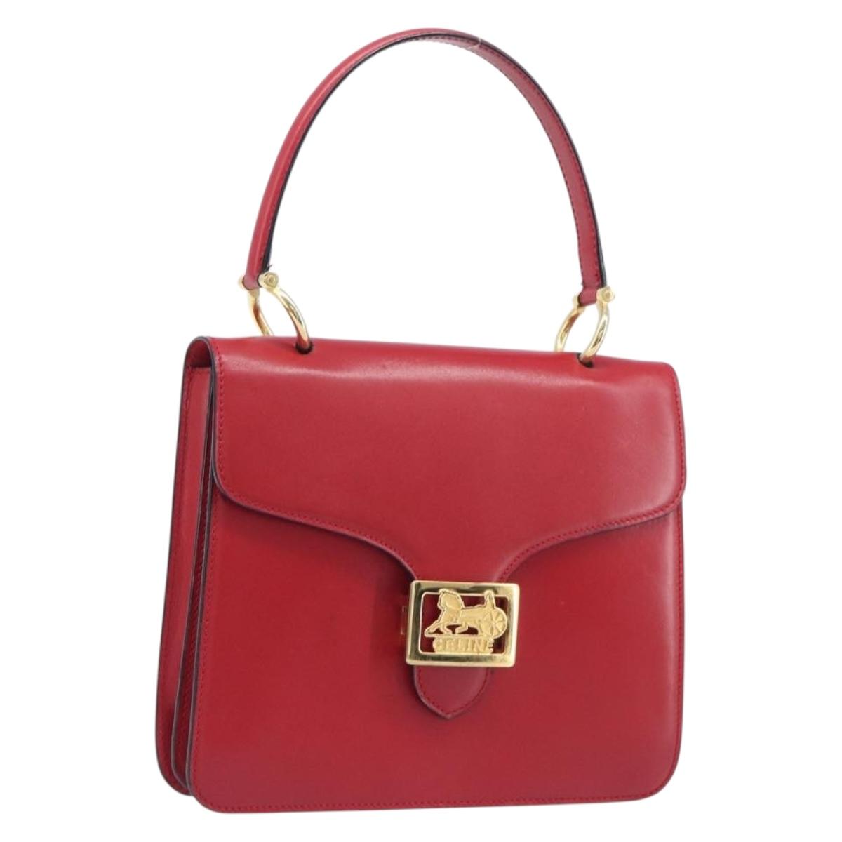 CELINE Horse Carriage Hand Bag Leather Red Gold Tone Auth 209588V