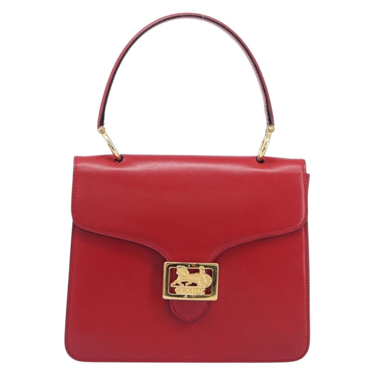 CELINE Horse Carriage Hand Bag Leather Red Gold Tone Auth 209588V
