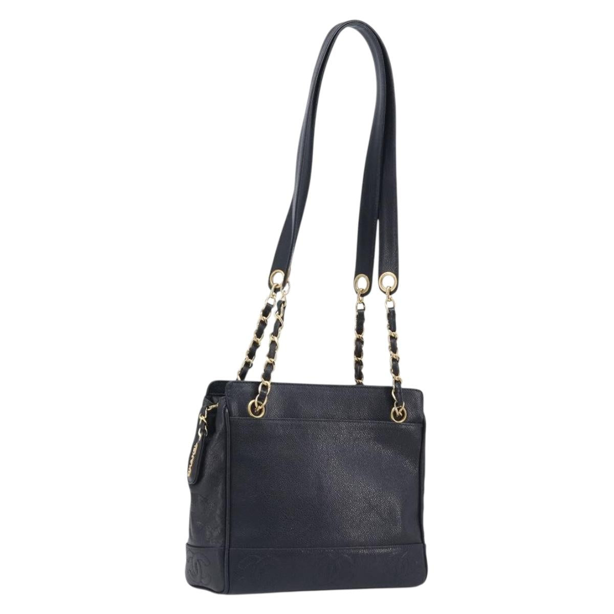 CHANEL Chain Shoulder Tote Bag Caviar Skin Black Gold Tone CC Auth 209618A
