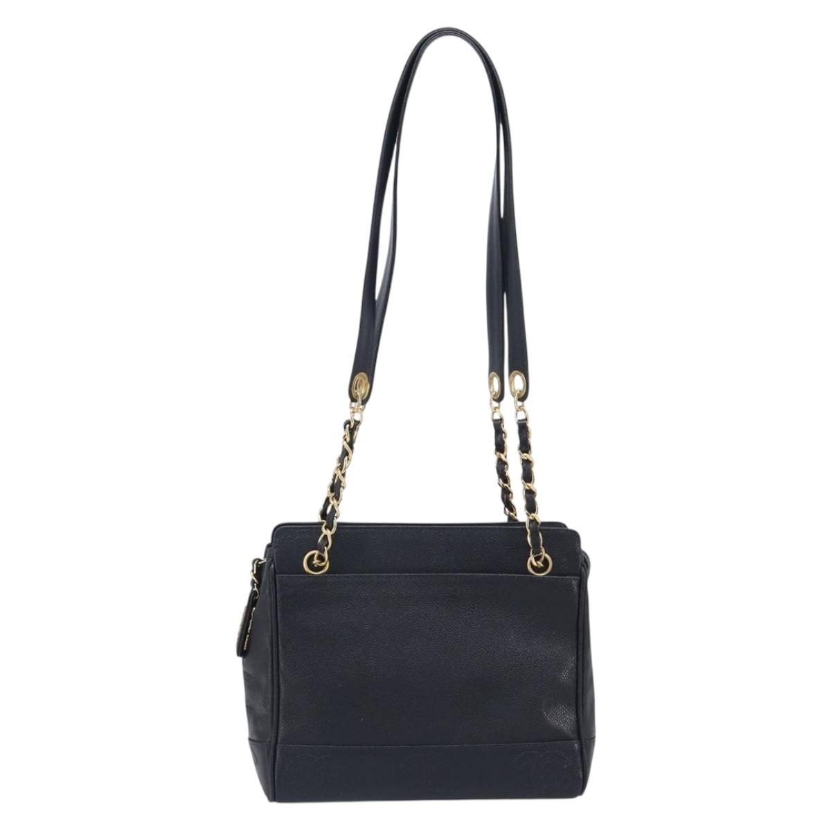 CHANEL Chain Shoulder Tote Bag Caviar Skin Black Gold Tone CC Auth 209618A