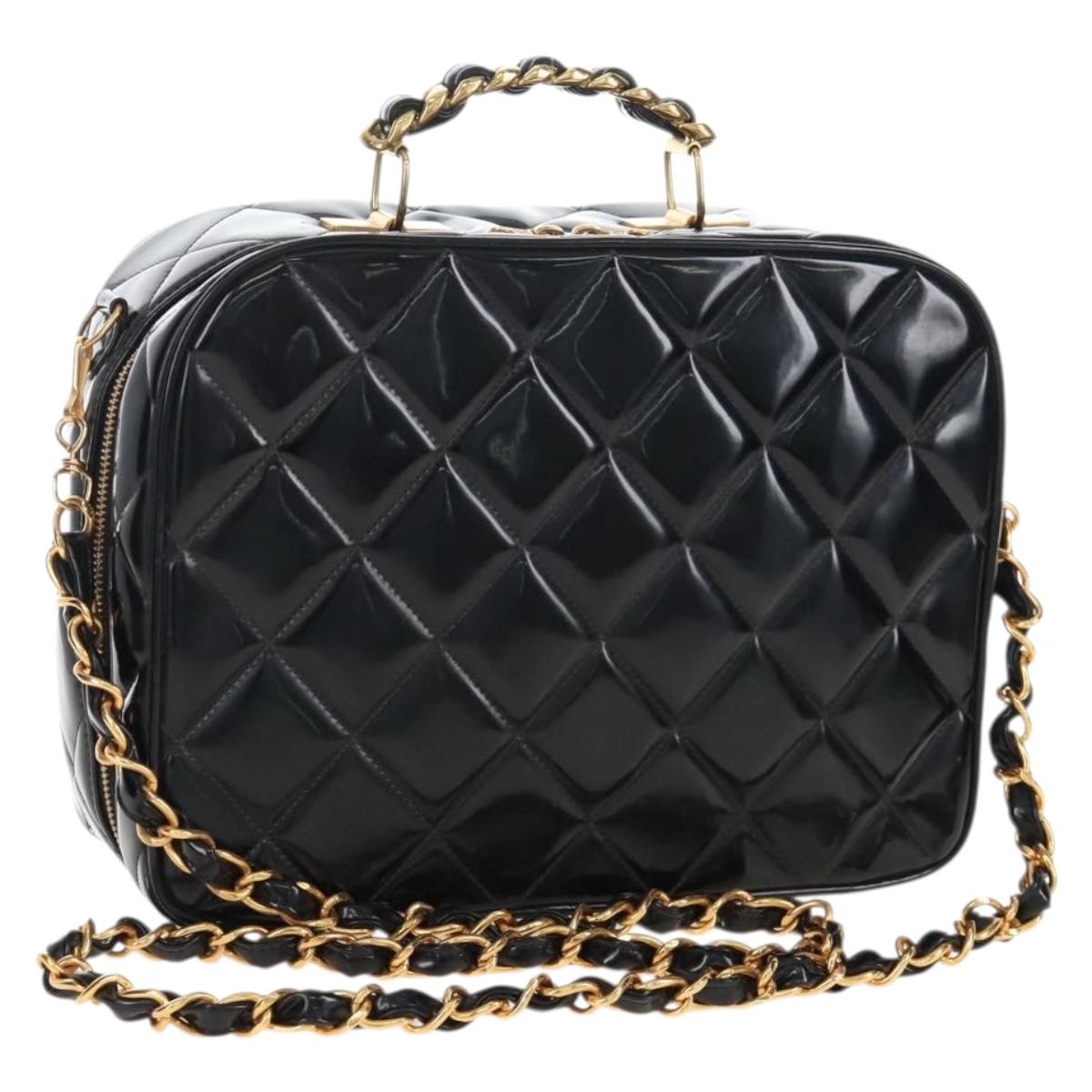 CHANEL Matelasse Vanity Chain Shoulder Bag Patent 2way Black CC Auth 209619A
