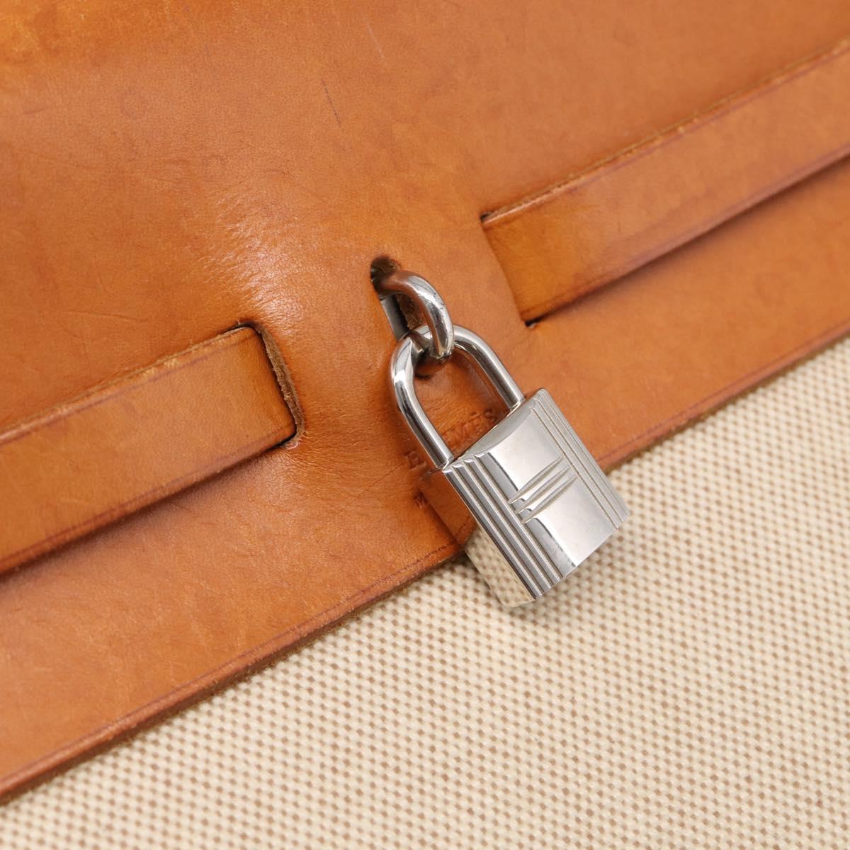 HERMES Herbag GM Hand Bag Canvas 2way Beige Silver Auth 209630