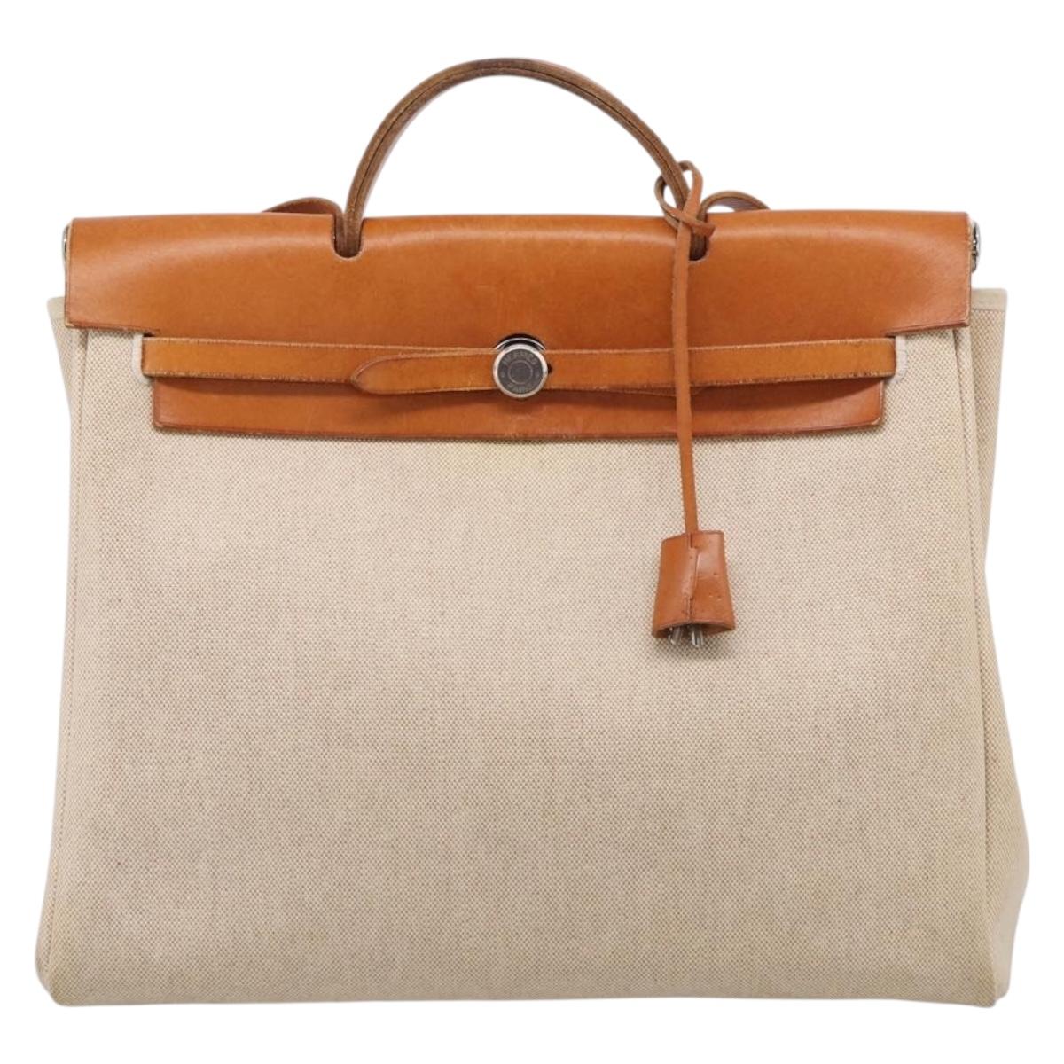 HERMES Herbag GM Hand Bag Canvas 2way Beige Silver Auth 209630