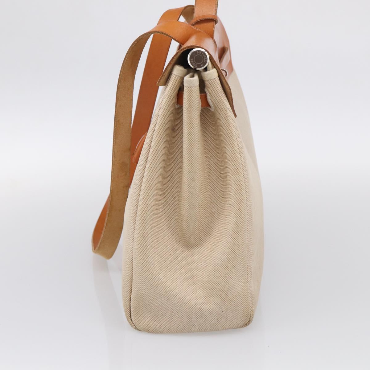 HERMES Herbag GM Hand Bag Canvas 2way Beige Silver Auth 209630