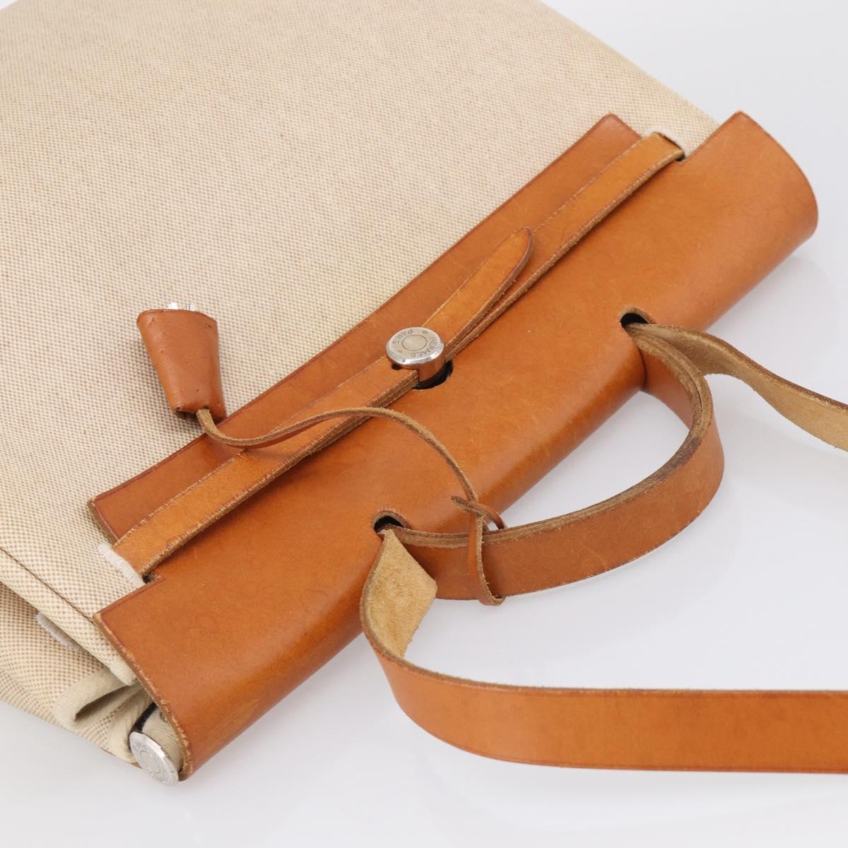 HERMES Herbag GM Hand Bag Canvas 2way Beige Silver Auth 209630
