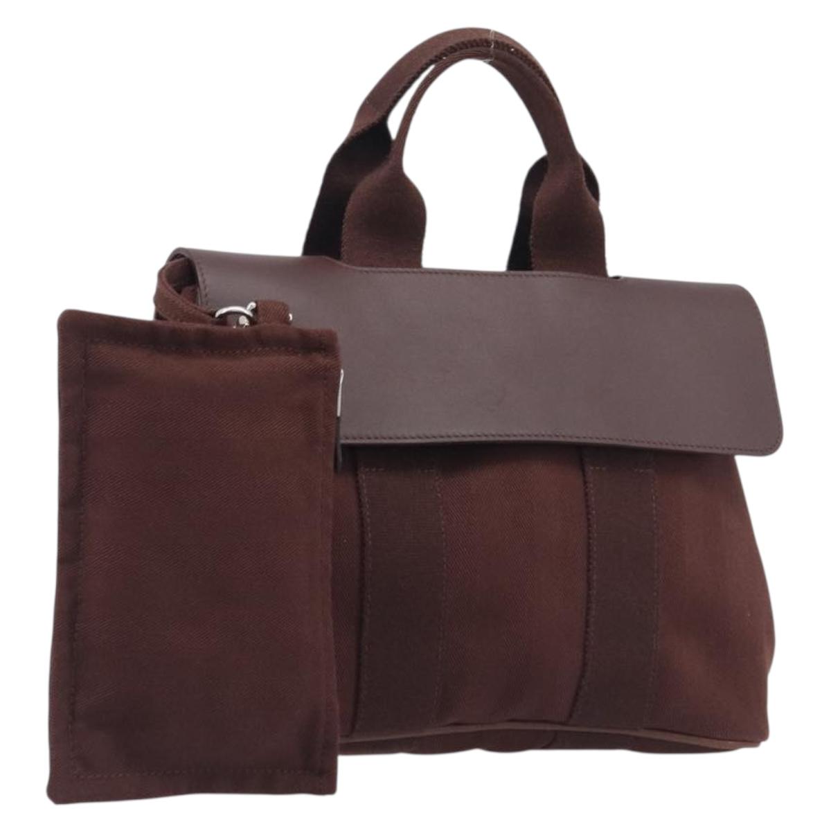 HERMES Valparaiso PM Hand Bag Canvas Brown Silver Auth 209635V