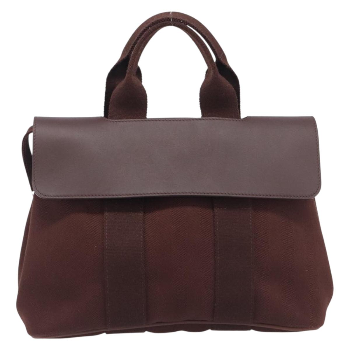 HERMES Valparaiso PM Hand Bag Canvas Brown Silver Auth 209635V