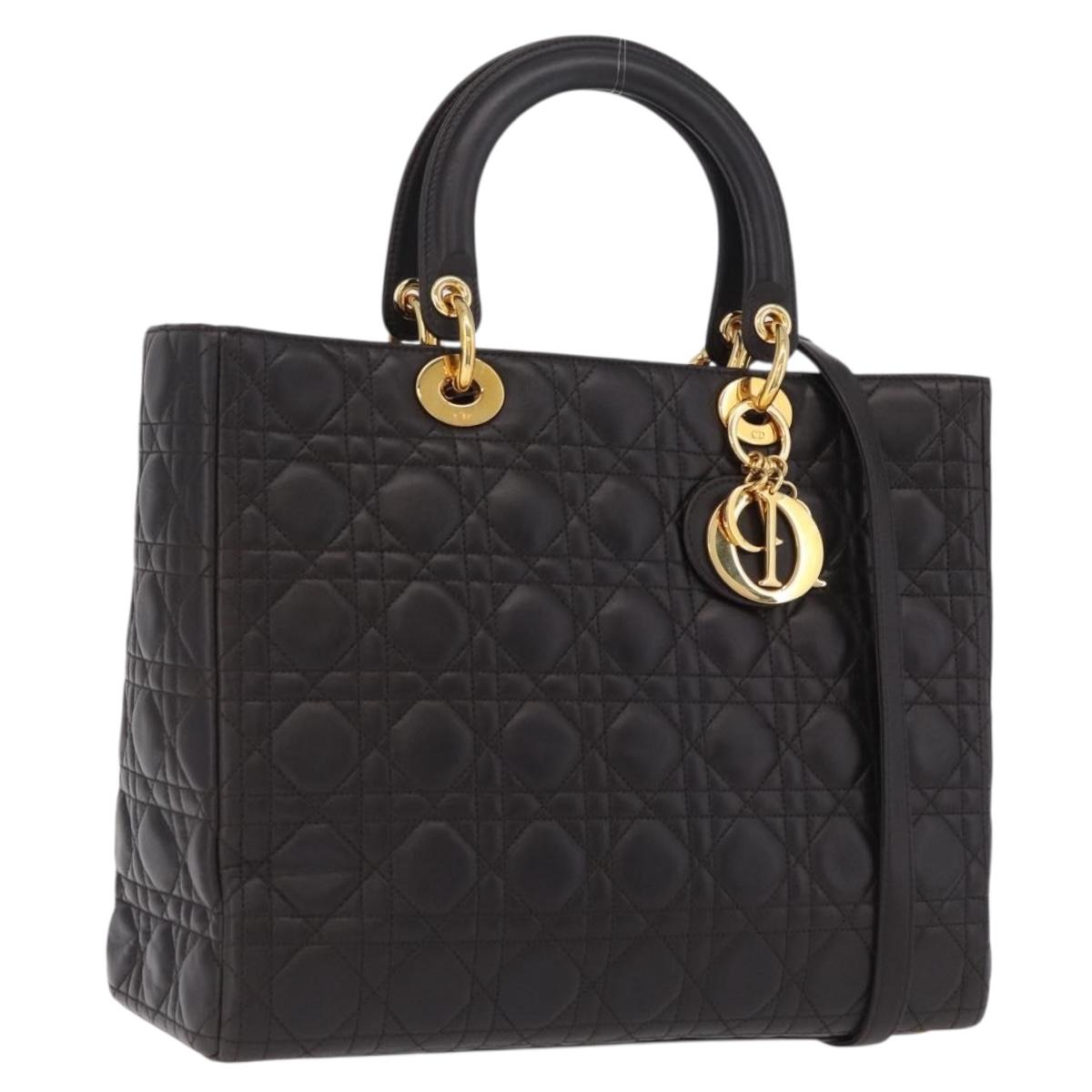 Christian Dior Canage Lady Dior Hand Bag Lamb Skin Dark Brown Gold Auth 209640V