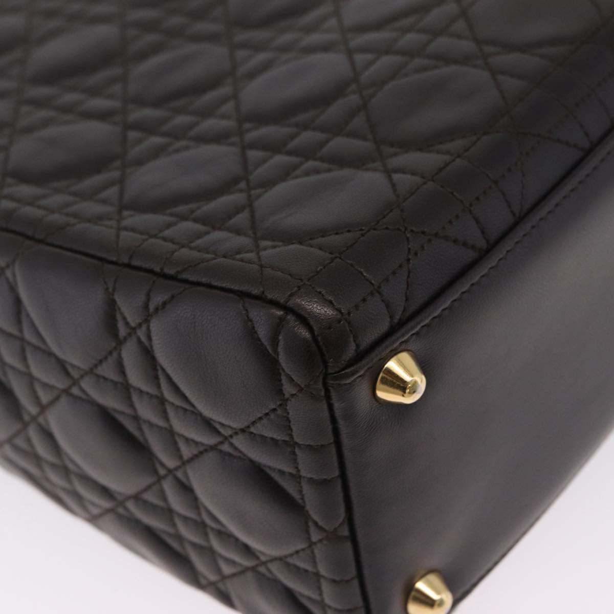 Christian Dior Canage Lady Dior Hand Bag Lamb Skin Dark Brown Gold Auth 209640V