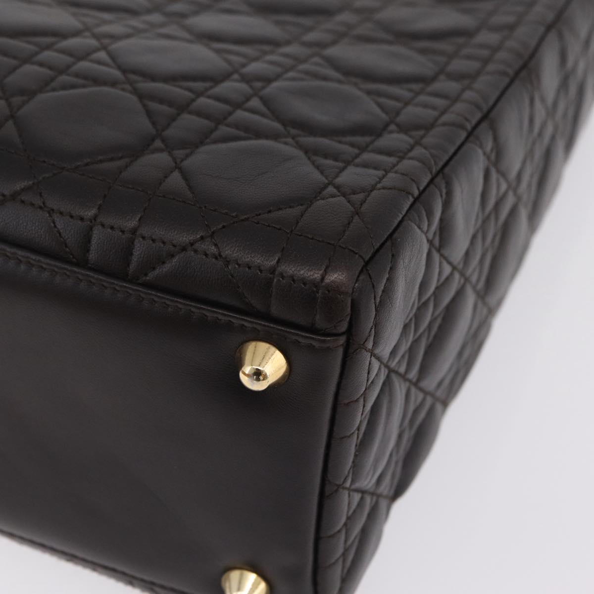 Christian Dior Canage Lady Dior Hand Bag Lamb Skin Dark Brown Gold Auth 209640V