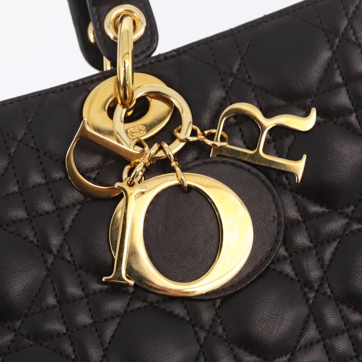 Christian Dior Canage Lady Dior Hand Bag Lamb Skin Dark Brown Gold Auth 209640V