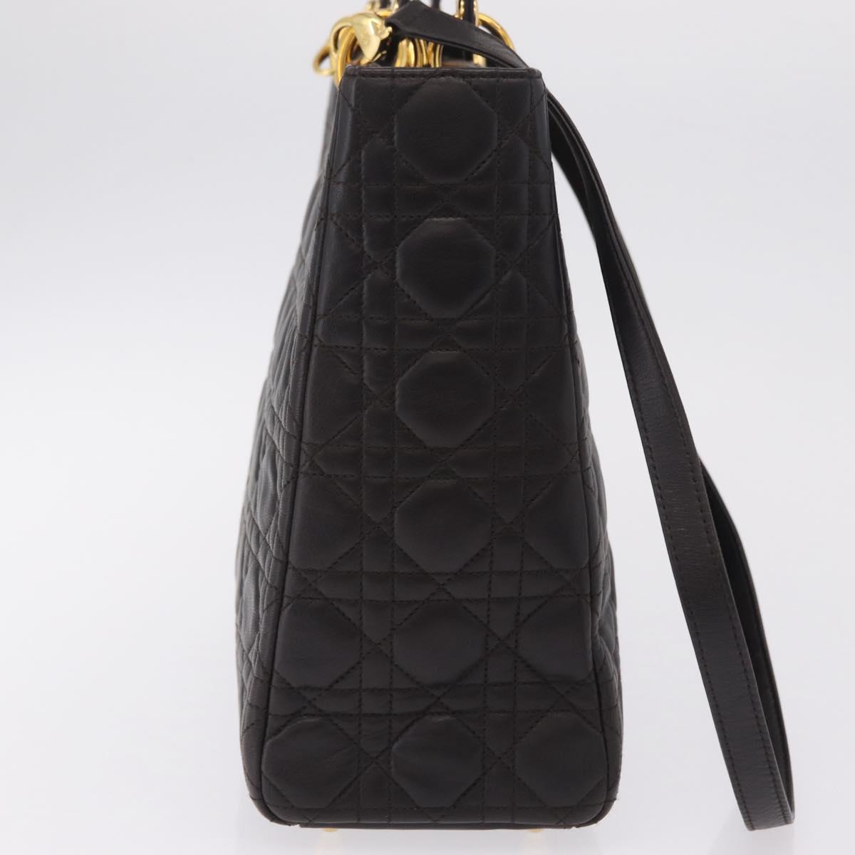 Christian Dior Canage Lady Dior Hand Bag Lamb Skin Dark Brown Gold Auth 209640V