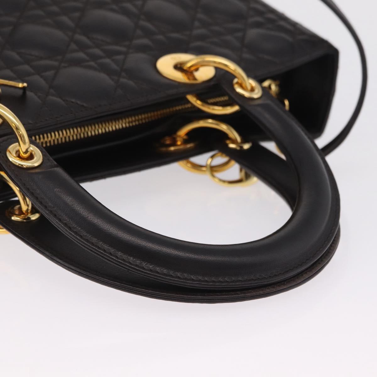 Christian Dior Canage Lady Dior Hand Bag Lamb Skin Dark Brown Gold Auth 209640V