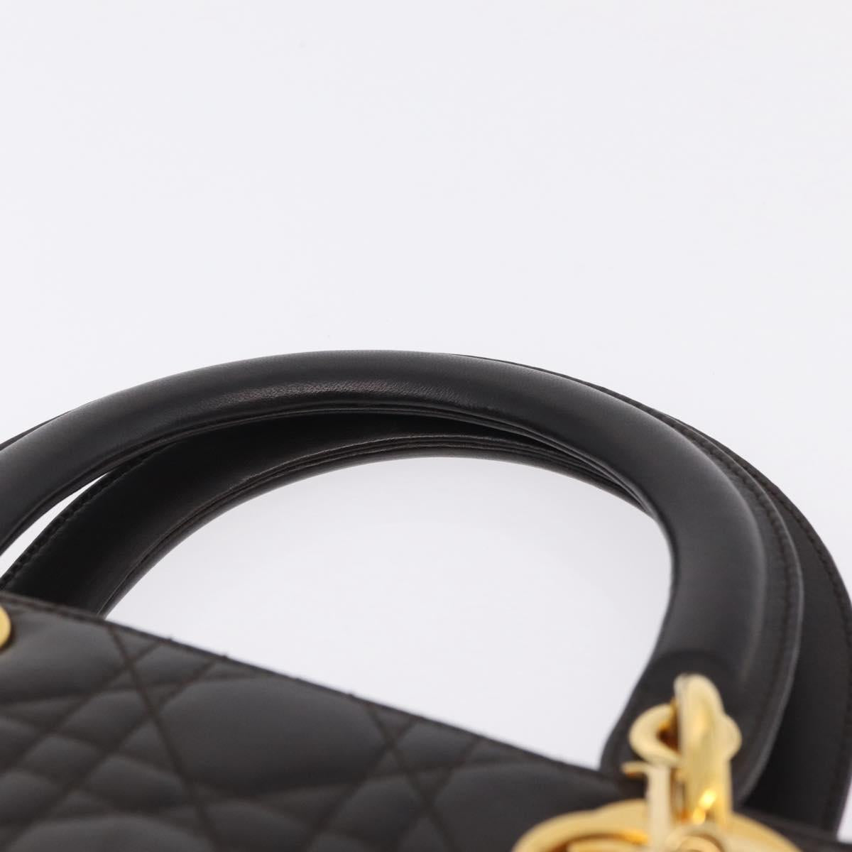 Christian Dior Canage Lady Dior Hand Bag Lamb Skin Dark Brown Gold Auth 209640V