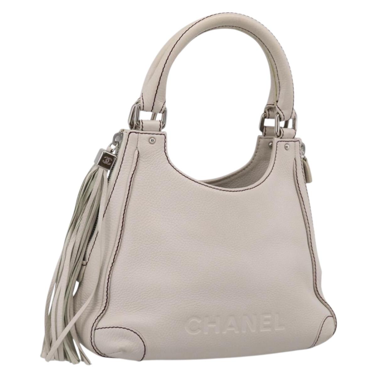 CHANEL Hand Bag Leather Ivory Silver CC Auth 209642V