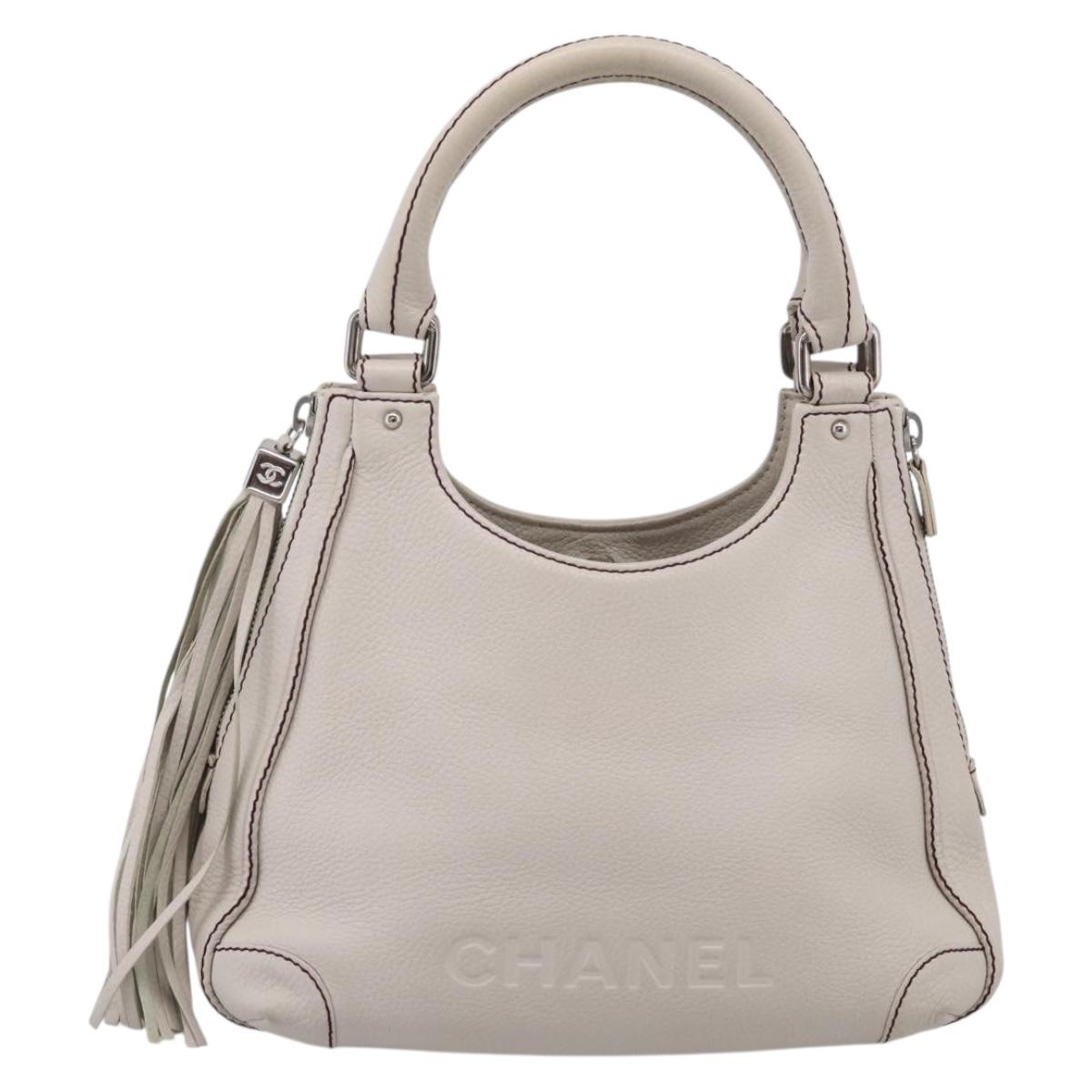 CHANEL Hand Bag Leather Ivory Silver CC Auth 209642V