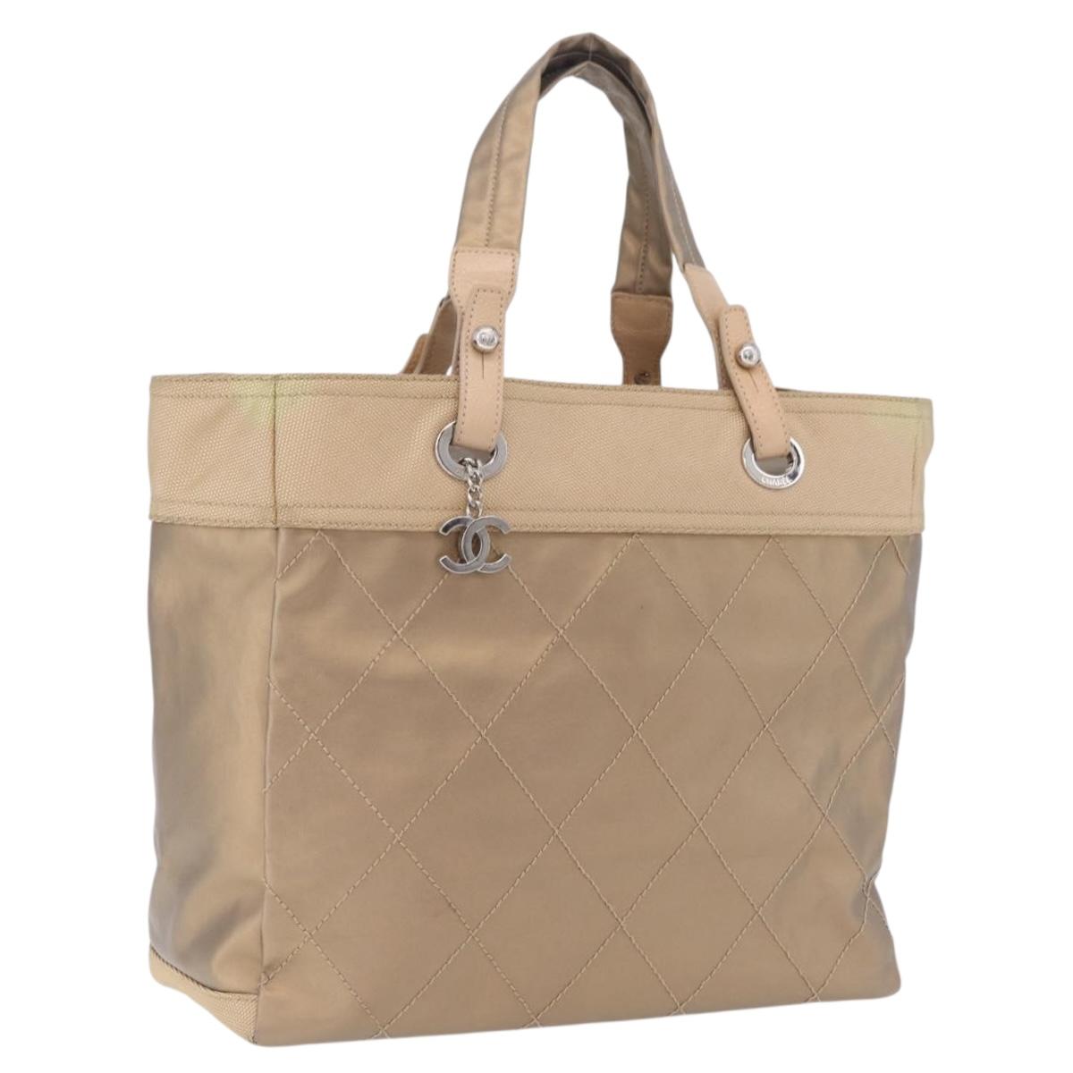 CHANEL Paris Biarritz Tote Bag Canvas Gold Silver CC Auth 209649A