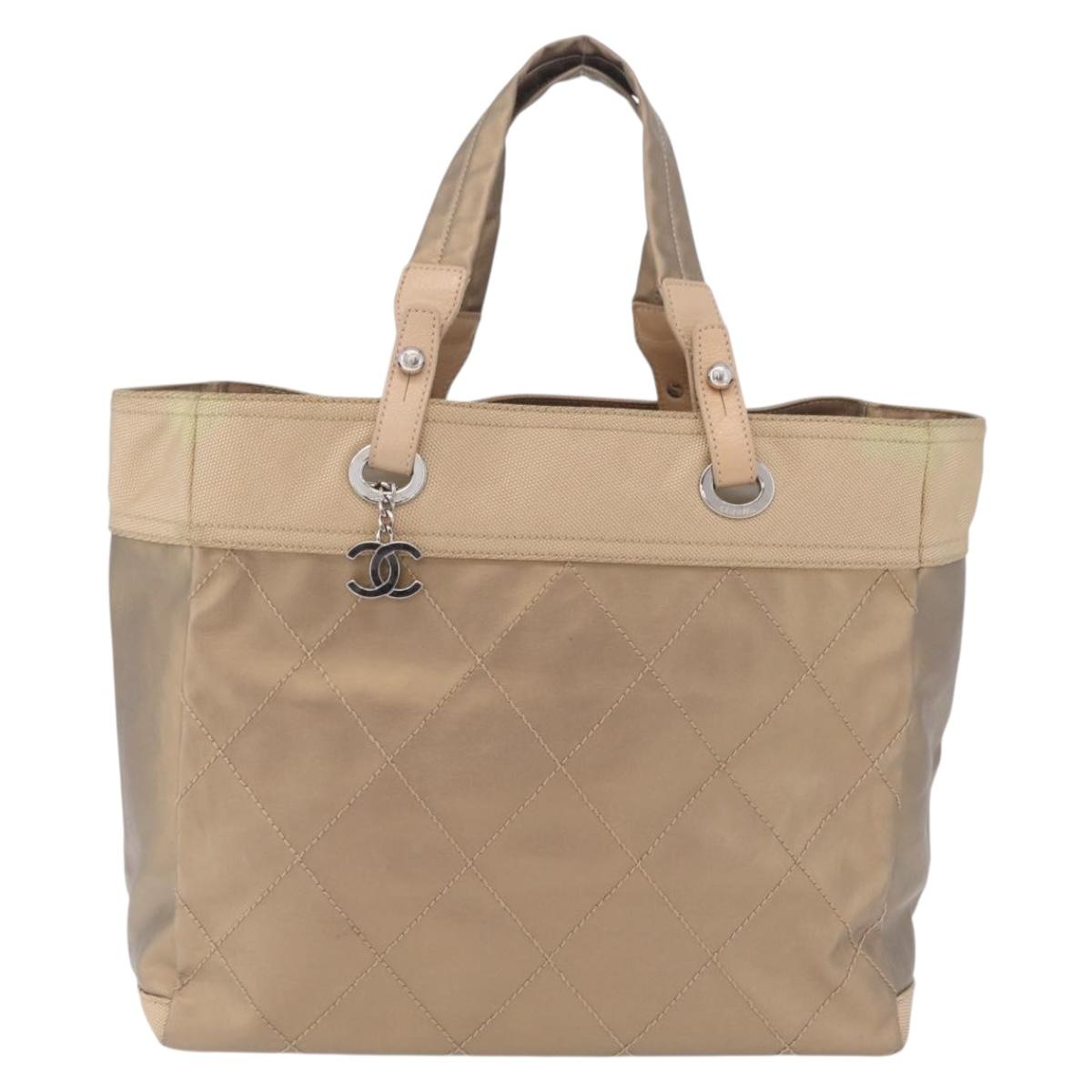 CHANEL Paris Biarritz Tote Bag Canvas Gold Silver CC Auth 209649A