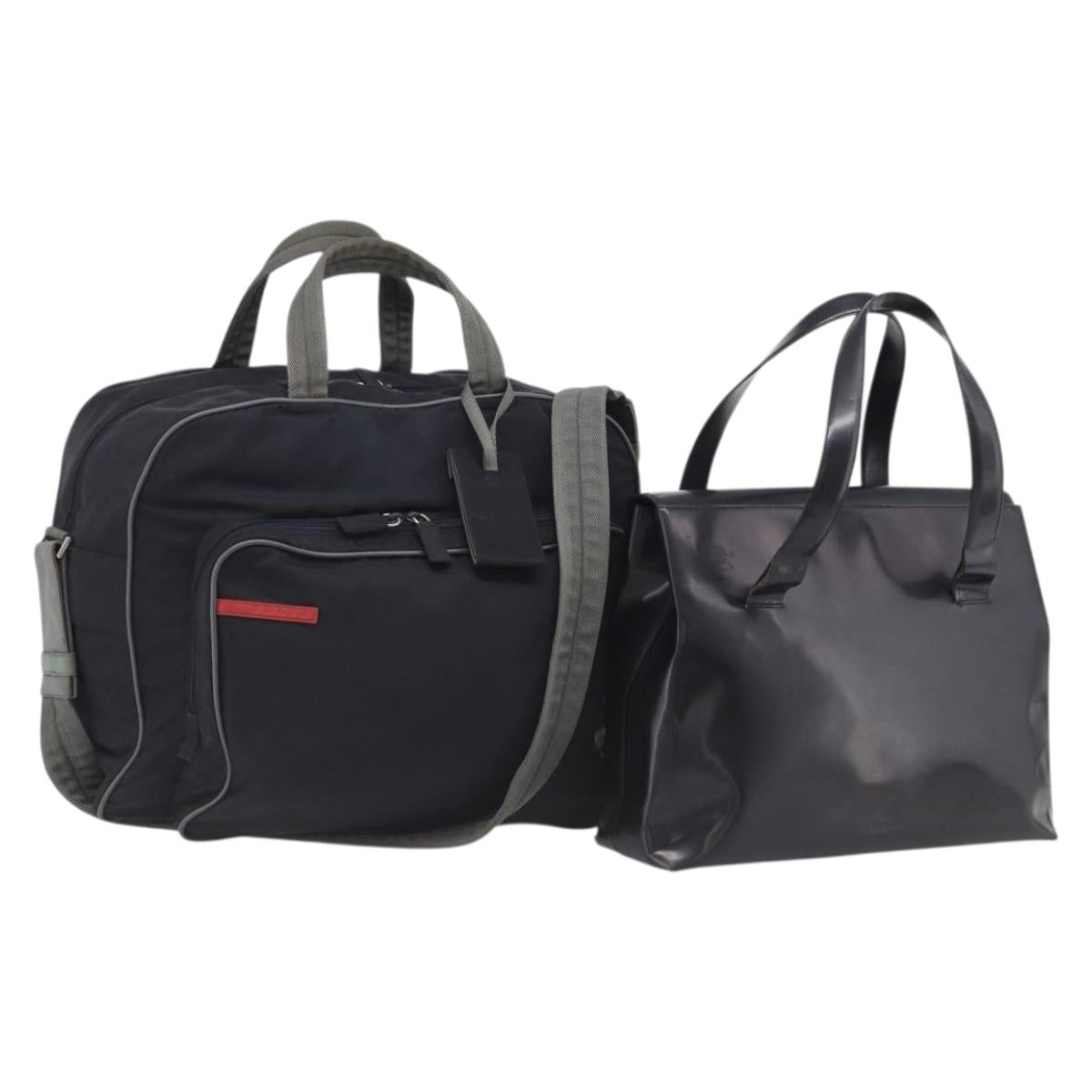 PRADA Boston Bag Hand Bag Nylon Patent 2 Set Black Navy Auth 209655