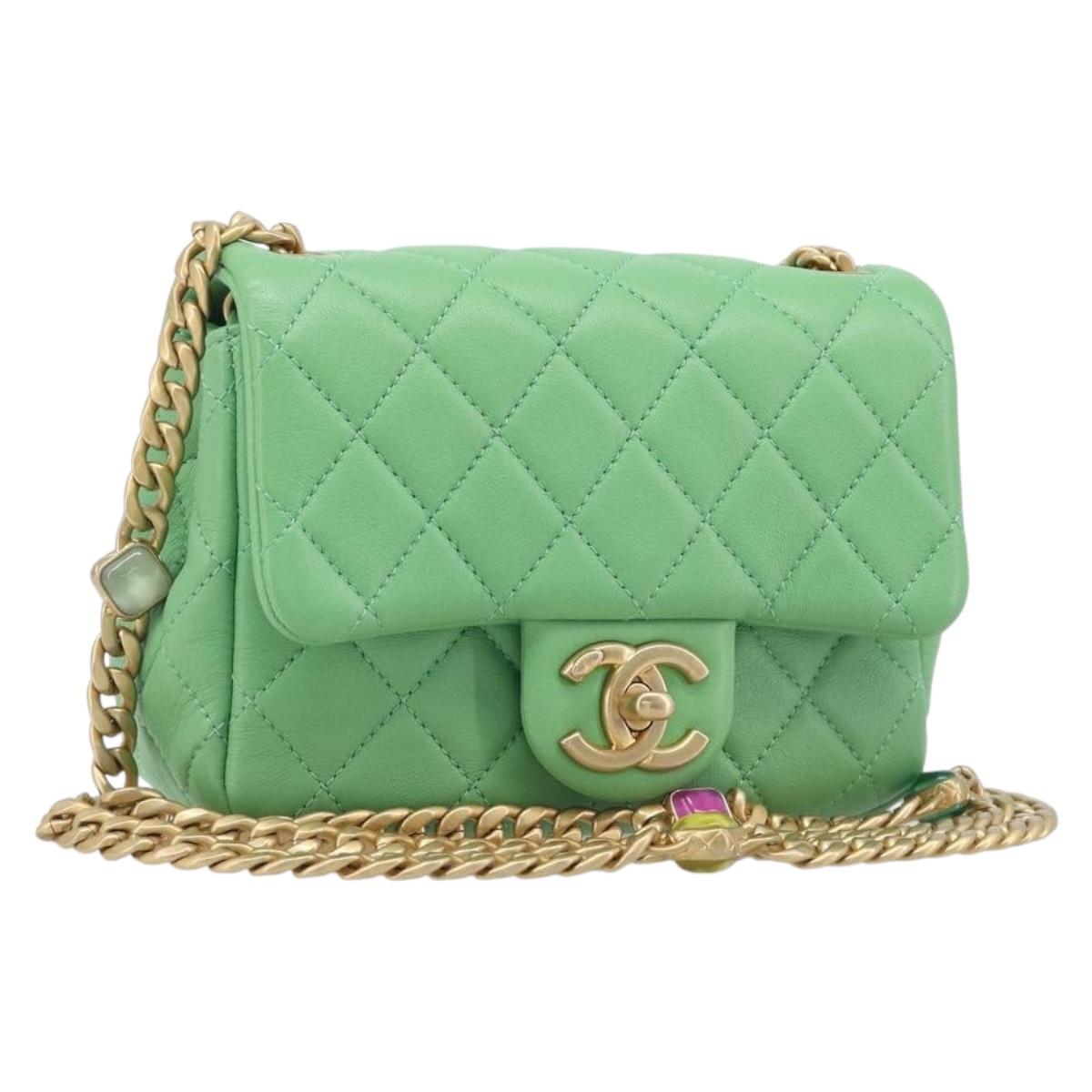 CHANEL Mini Matelasse 16 Chain Shoulder Bag Lamb Skin Green Gold Auth 209664SM