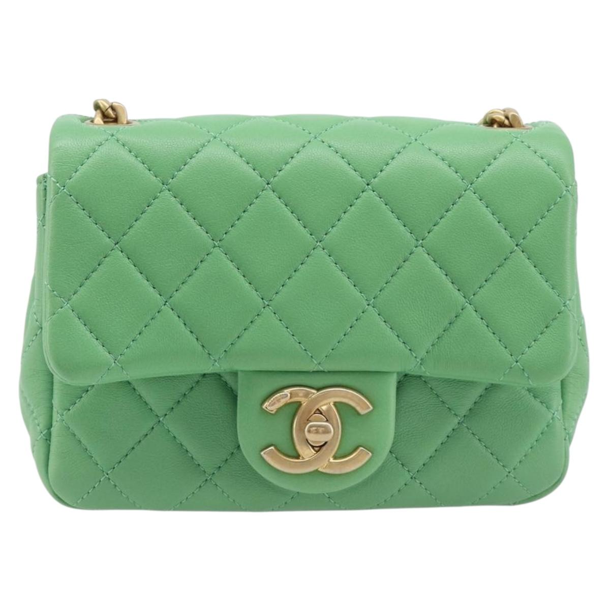CHANEL Mini Matelasse 16 Chain Shoulder Bag Lamb Skin Green Gold Auth 209664SM