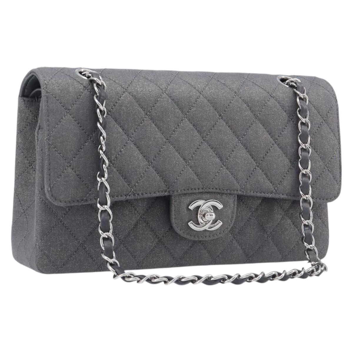 CHANEL Matelasse 25 Chain Shoulder Bag Canvas Gray Silver CC Auth 209670SV