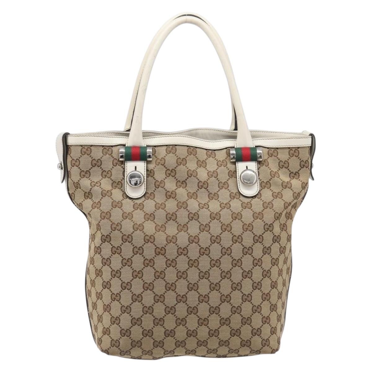 GUCCI GG Canvas Web Sherry Line Tote Bag Beige Silver 232970 Auth 209693