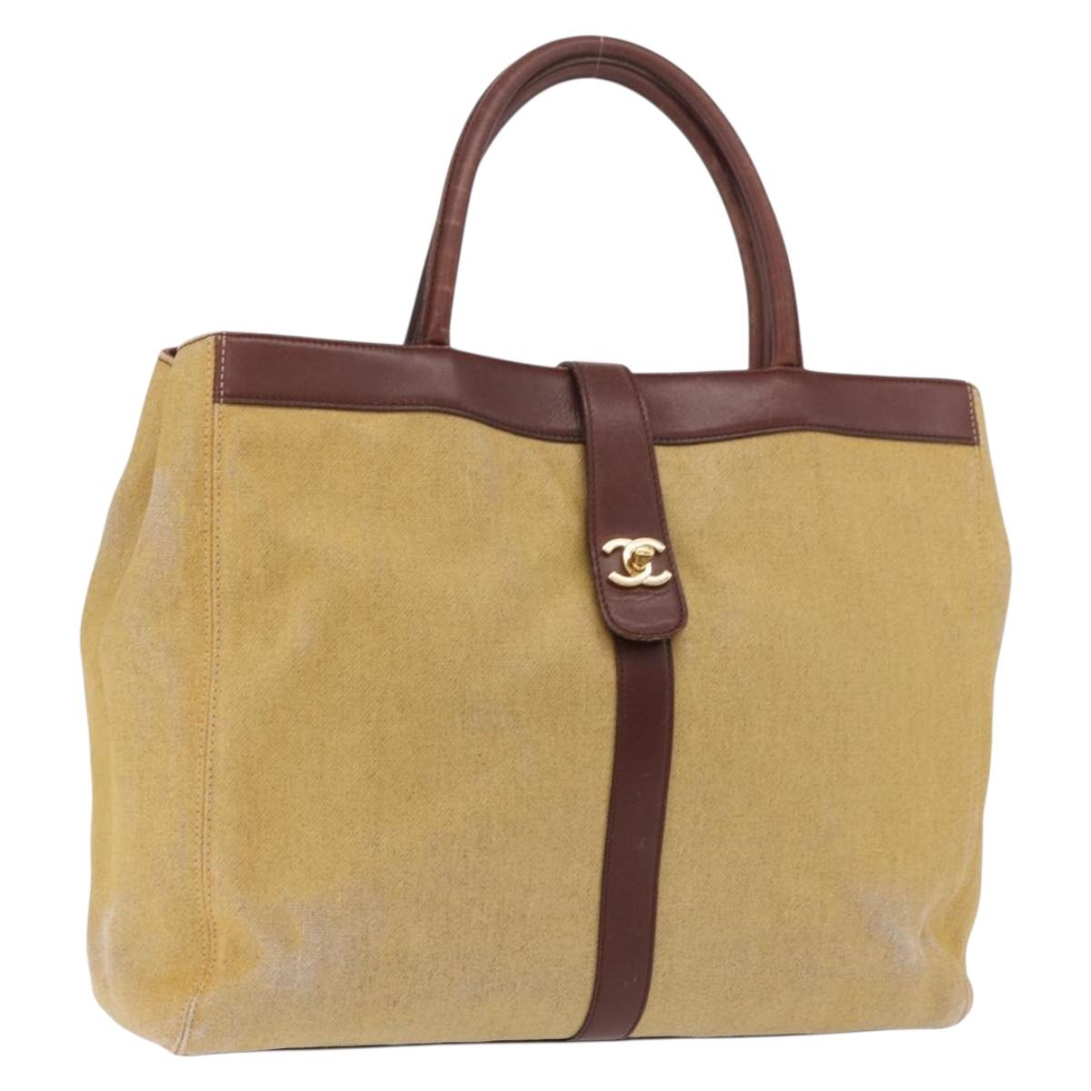 CHANEL Tote Bag Canvas Beige Gold Tone CC Auth 209717