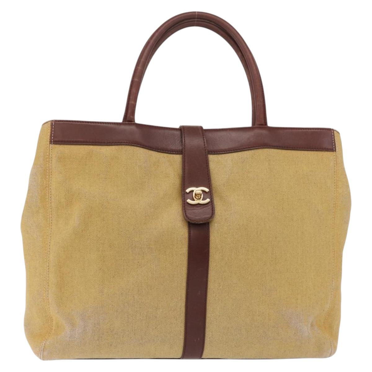 CHANEL Tote Bag Canvas Beige Gold Tone CC Auth 209717