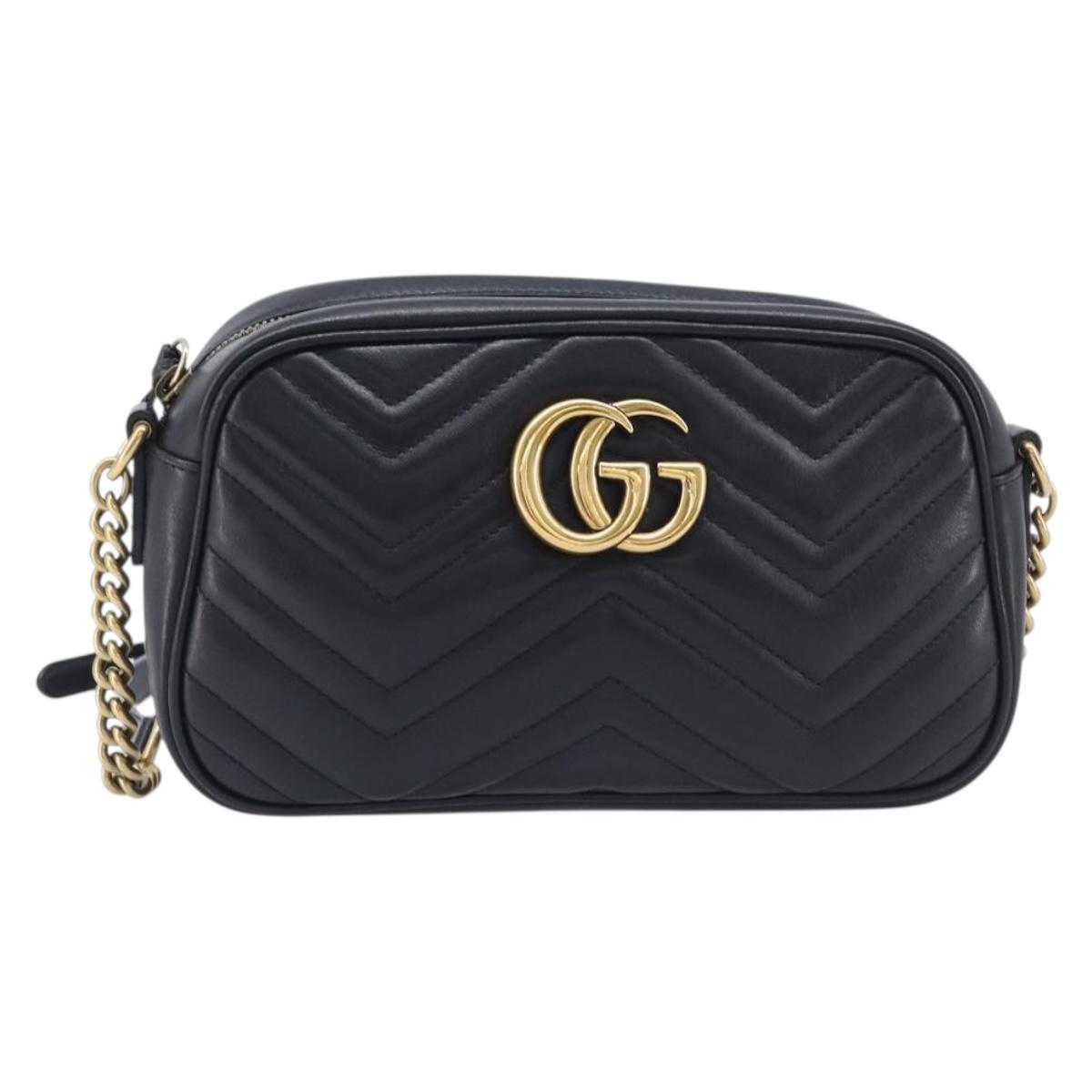 GUCCI GG Marmont Shoulder Bag Leather Black Gold Tone 447632 Auth 209745V