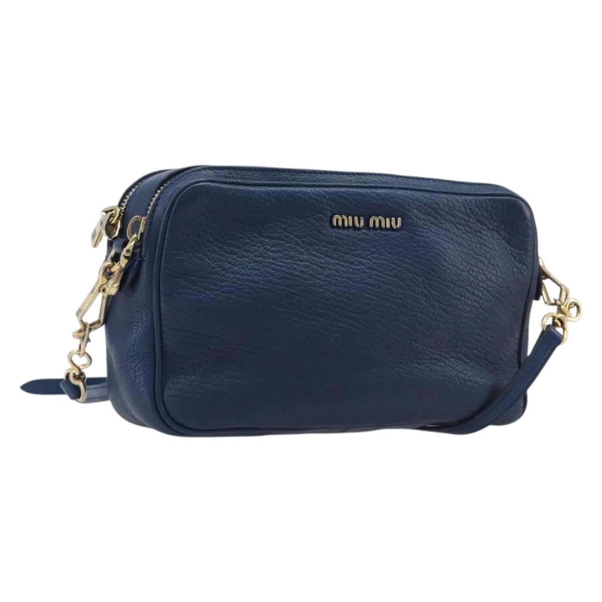Miu Miu Madras Shoulder Bag Leather Navy Gold Tone Auth 209746A