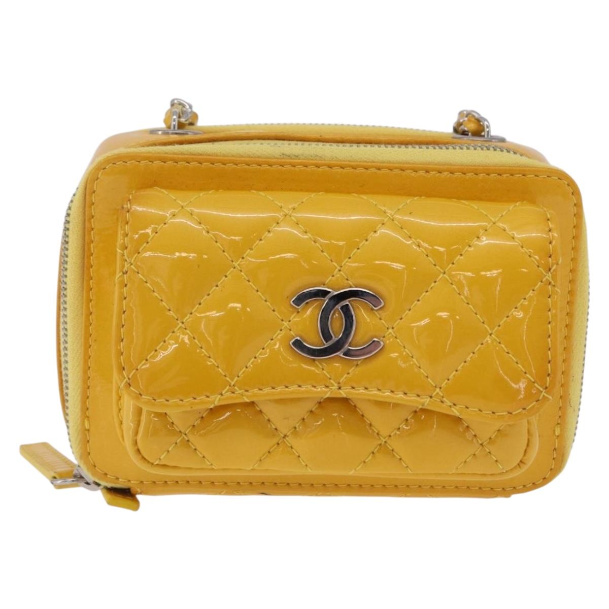 CHANEL Matelasse Chain Shoulder Bag Patent Yellow Silver CC Auth 209748A