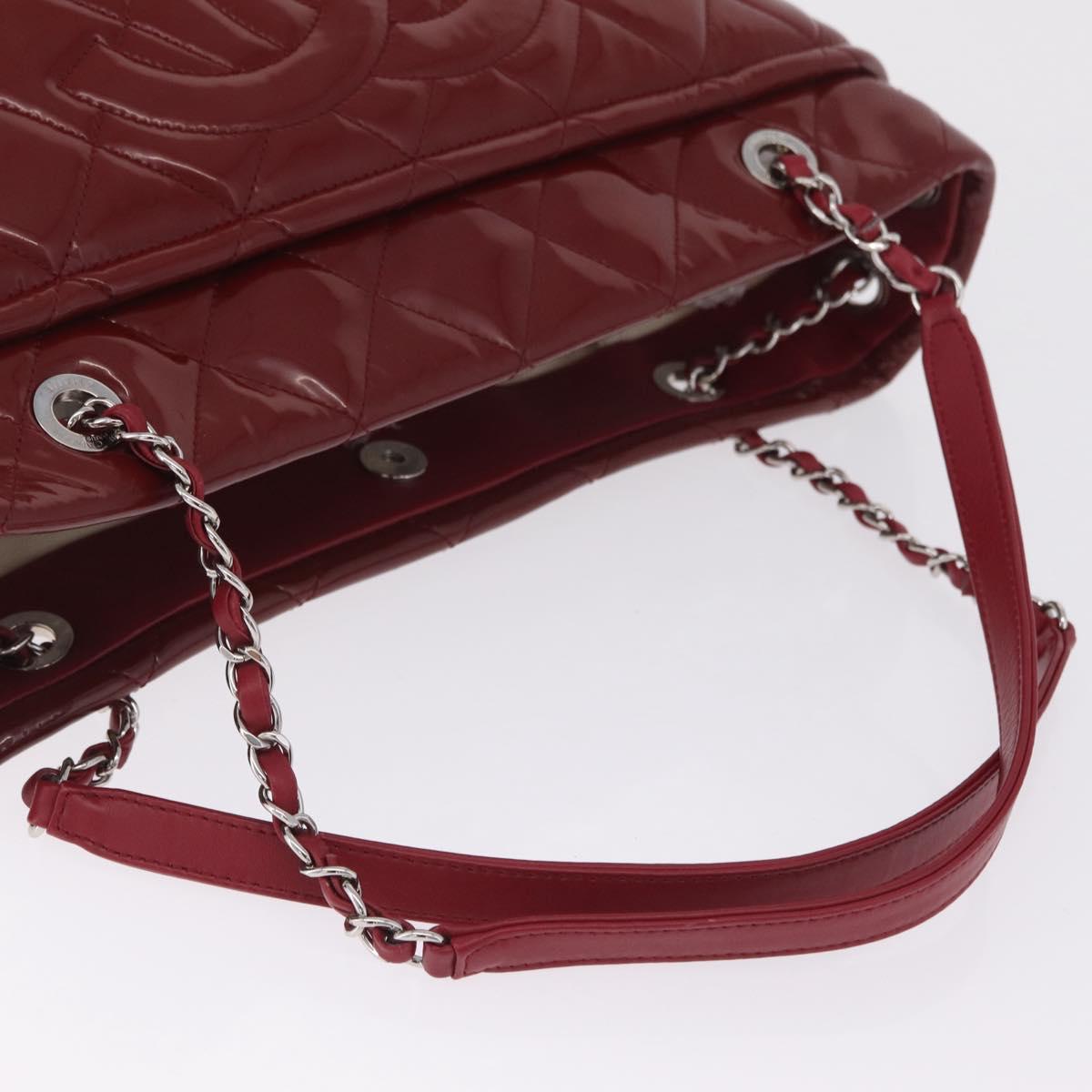 CHANEL Matelasse Chain Shoulder Tote Bag Patent Red Silver CC Auth 209761A
