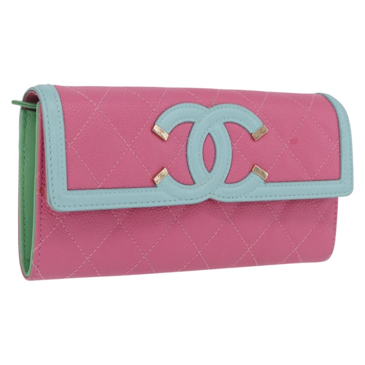 CHANEL Matelasse CC Filigree Matelasse Wallet Caviar Skin Pink Gold Auth 209780M