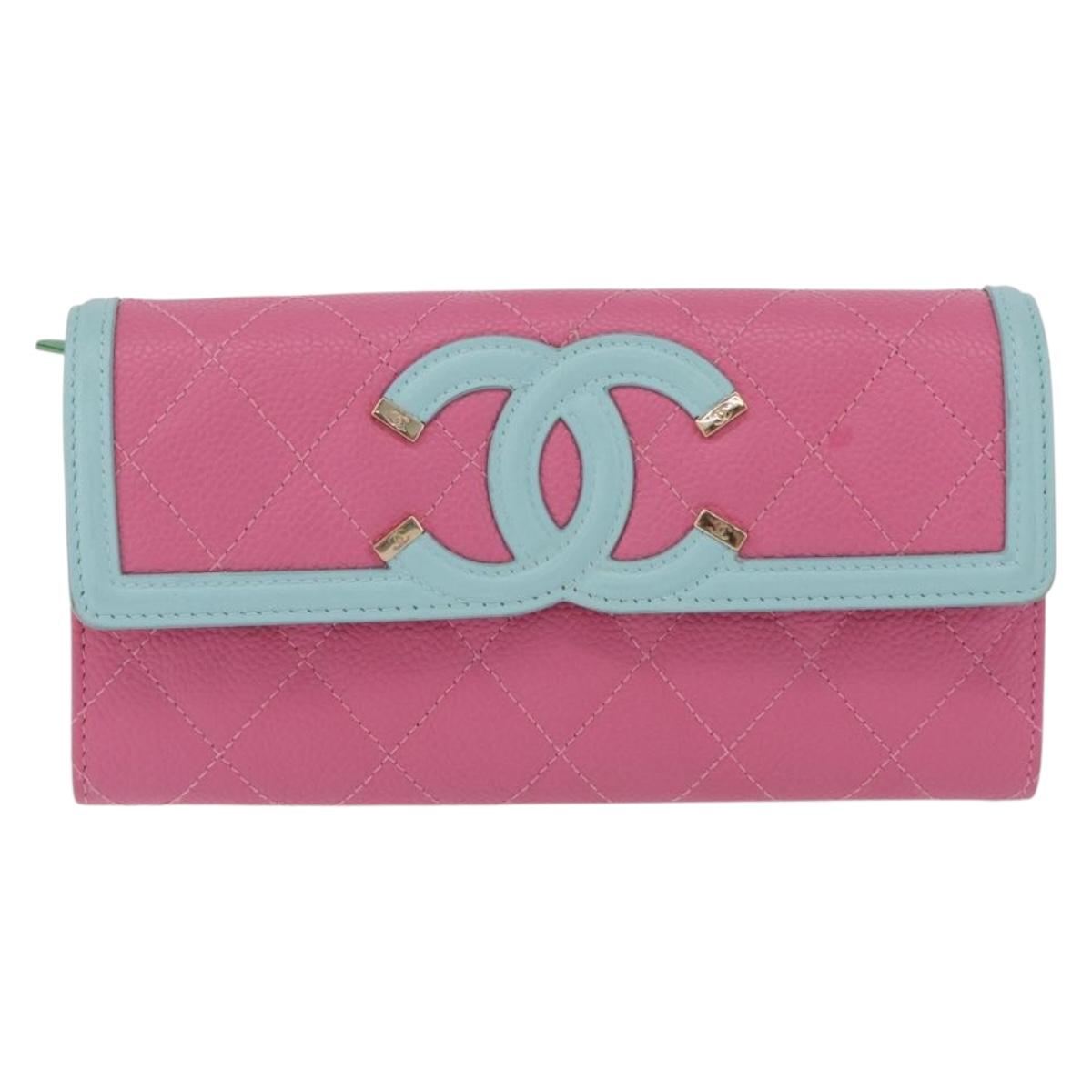 CHANEL Matelasse CC Filigree Matelasse Wallet Caviar Skin Pink Gold Auth 209780M