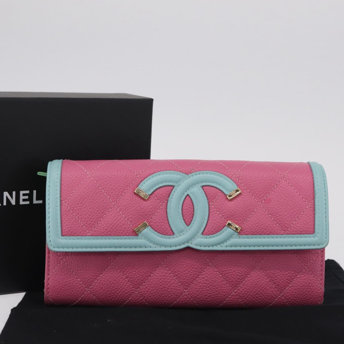 CHANEL Matelasse CC Filigree Matelasse Wallet Caviar Skin Pink Gold Auth 209780M