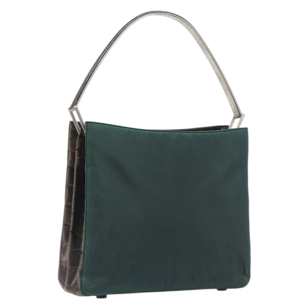 PRADA Metal Handle Shoulder Bag Nylon Green Silver Auth 209835A