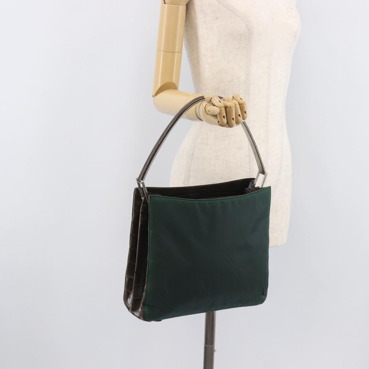PRADA Metal Handle Shoulder Bag Nylon Green Silver Auth 209835A