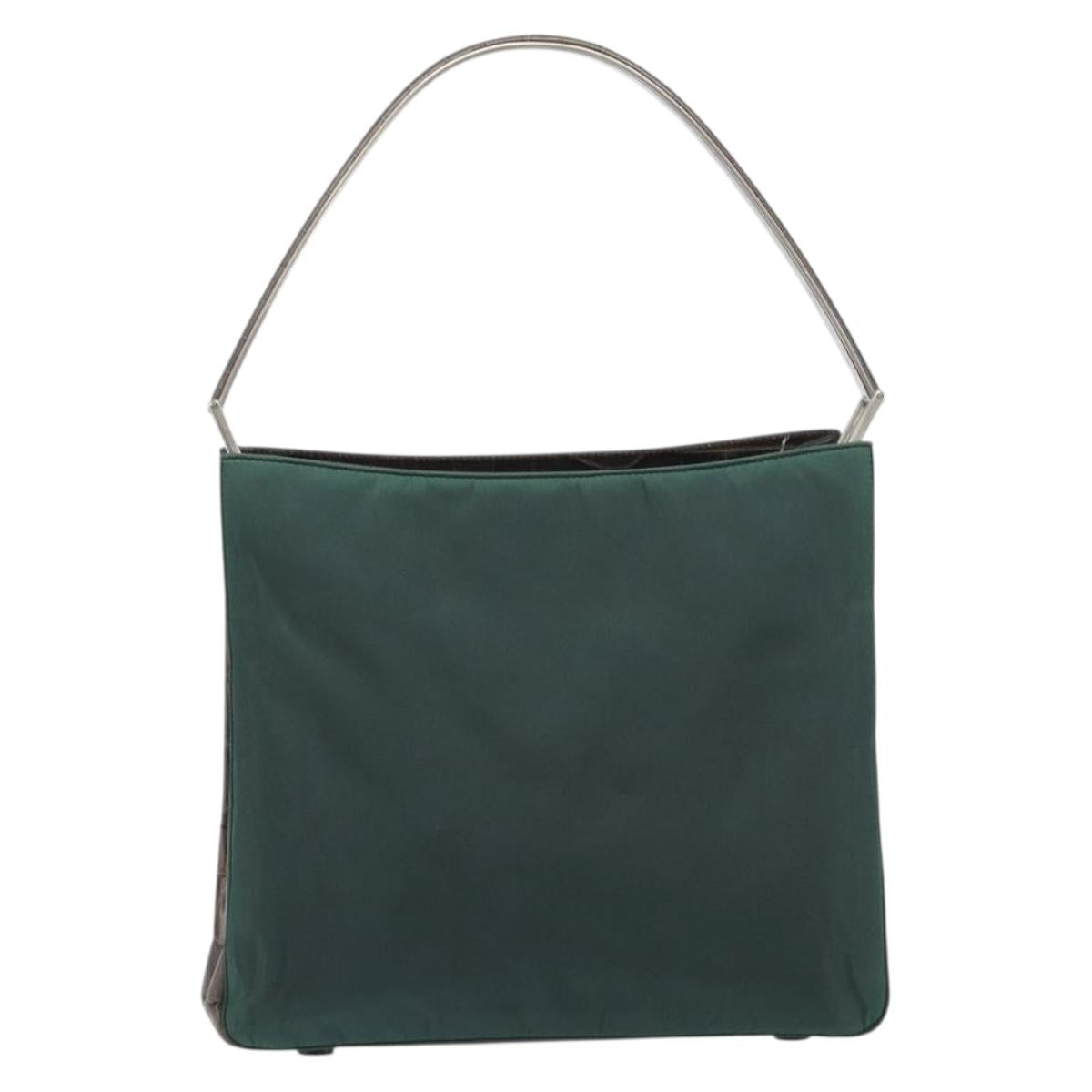 PRADA Metal Handle Shoulder Bag Nylon Green Silver Auth 209835A