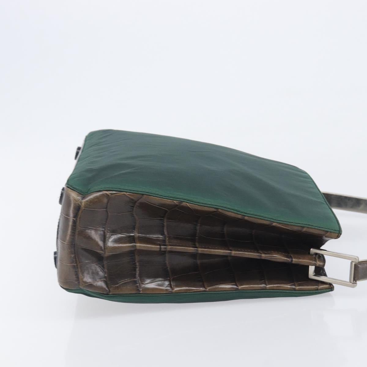 PRADA Metal Handle Shoulder Bag Nylon Green Silver Auth 209835A
