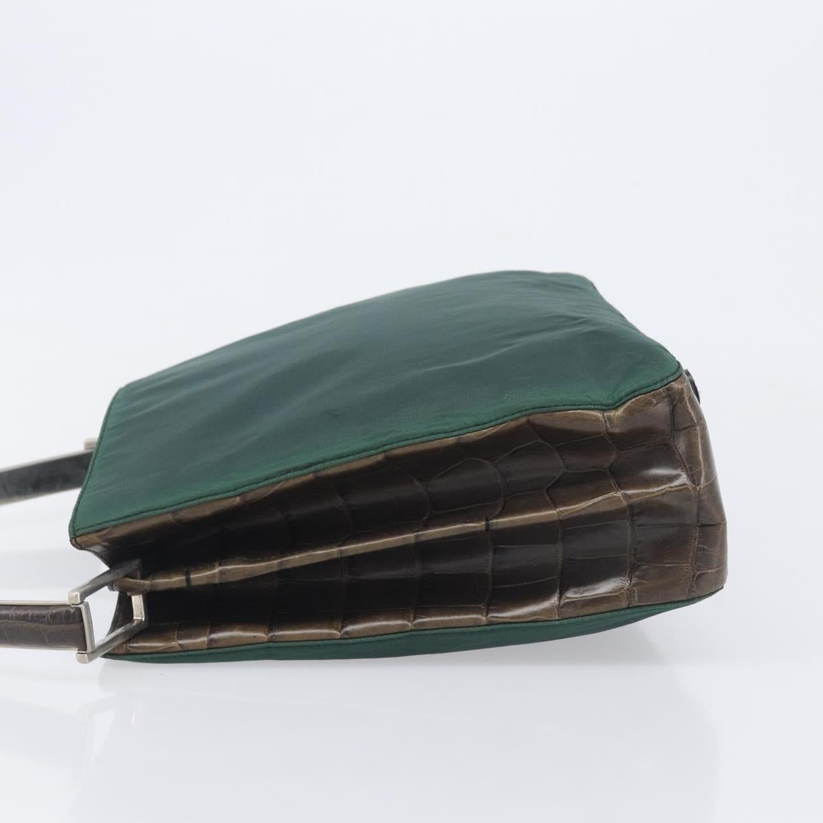 PRADA Metal Handle Shoulder Bag Nylon Green Silver Auth 209835A