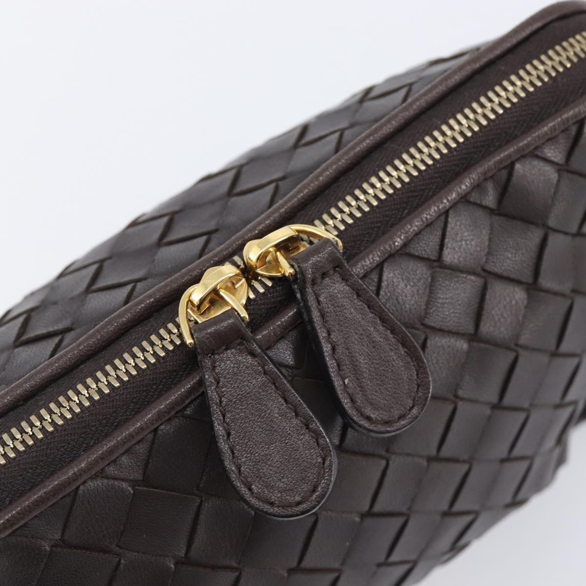 Bottega Veneta INTRECCIATO Pouch Leather Dark Brown Gold Auth 209842A
