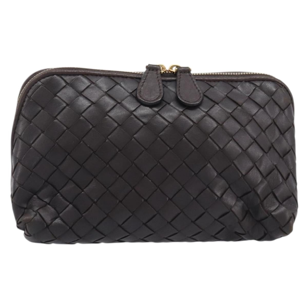 Bottega Veneta INTRECCIATO Pouch Leather Dark Brown Gold Auth 209842A