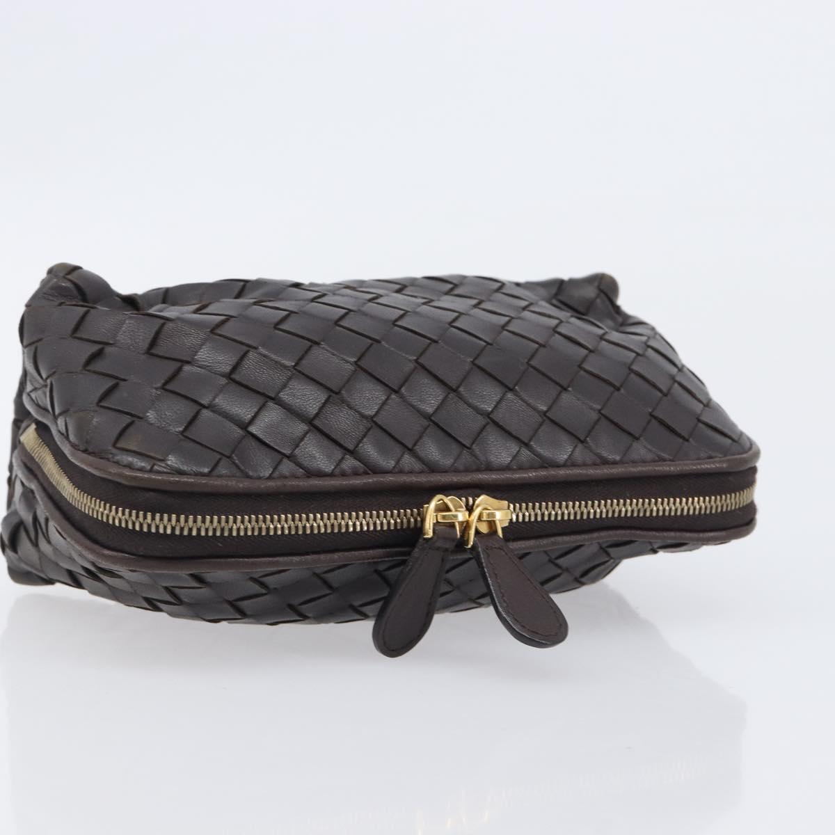 Bottega Veneta INTRECCIATO Pouch Leather Dark Brown Gold Auth 209842A